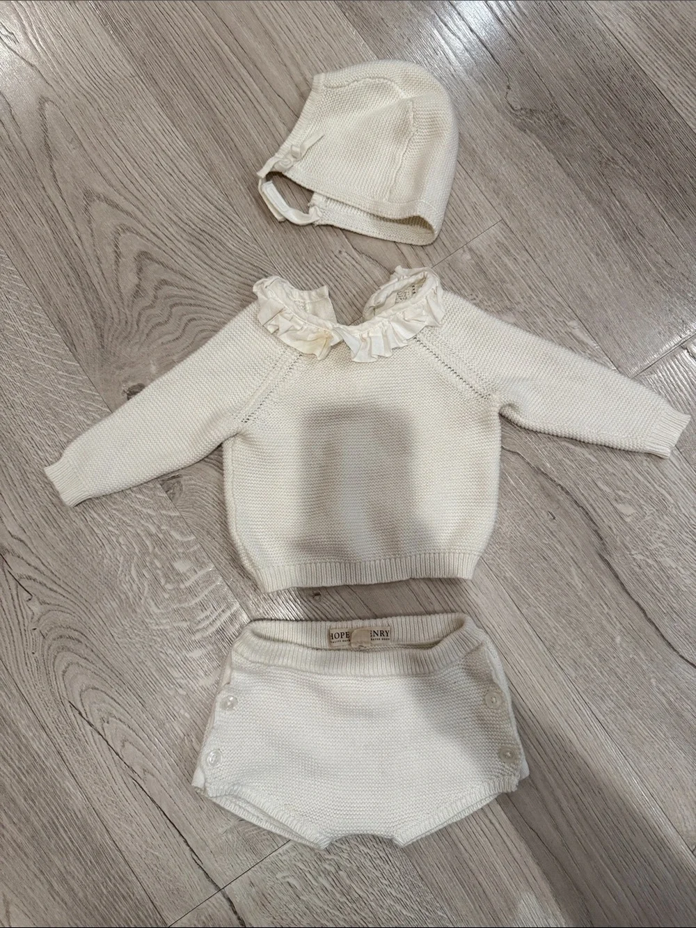 Hope and Henry Cream Knit Baby Sweater Set with Bloomer and Bonnet